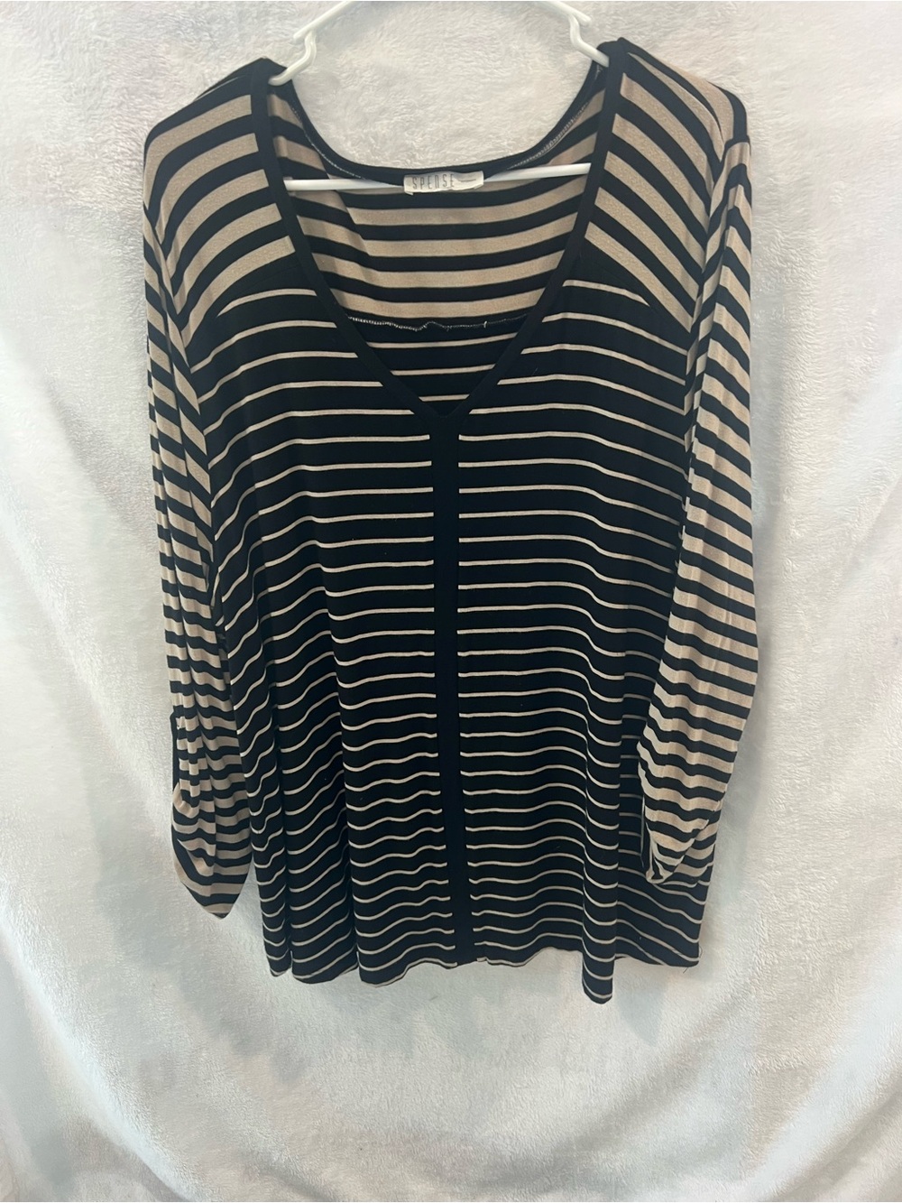 Spence Striped V-Neck Long Sleeve Top in Black and Tan